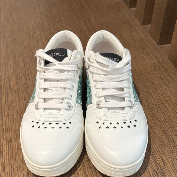 Jimmy Choo Shoes - Jimmy Choo White and Teal Glitter Sneakers